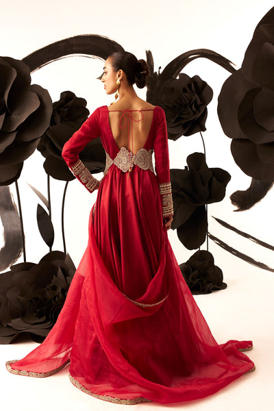 Retro Red Belted V-Neck Anarkali
