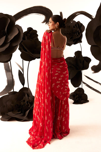 Red Floret Palazzo Saree