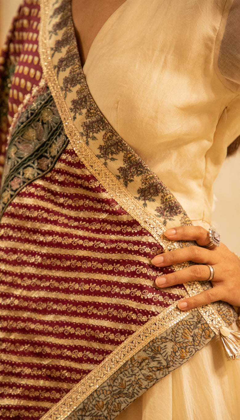 Burgundy Bindu Print Embroidered Odhni