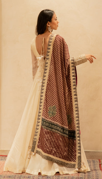 Burgundy Bindu Print Embroidered Odhni