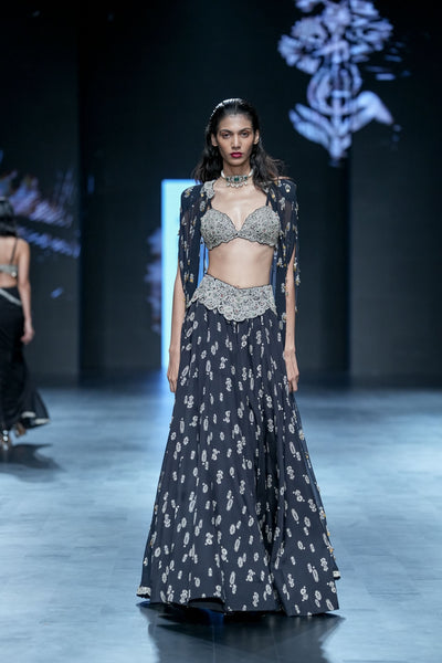 Black Floret Lehenga & Cape Set