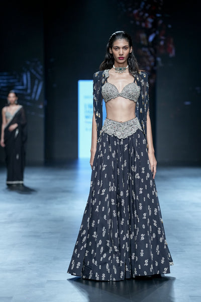 Black Floret Lehenga & Cape Set