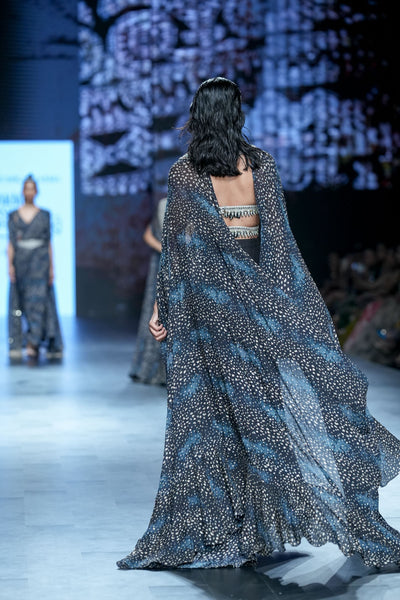 Geometric Blouse with Flared Pant & Rosette Drape