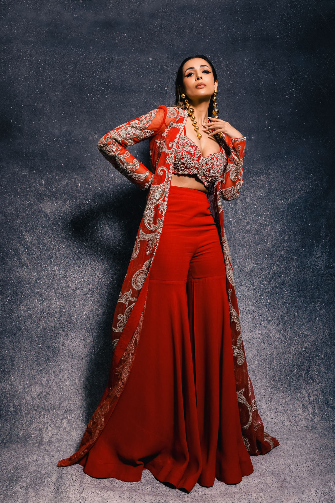 red jacket dress Malaika Arora in our Red Emroidered Kalidar Jacket Set – Bhumika Sharma
