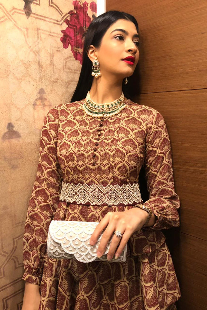 Hanna S Khan in our Maroon Leaf Print Double Peplum Gown with Embellished Belt
