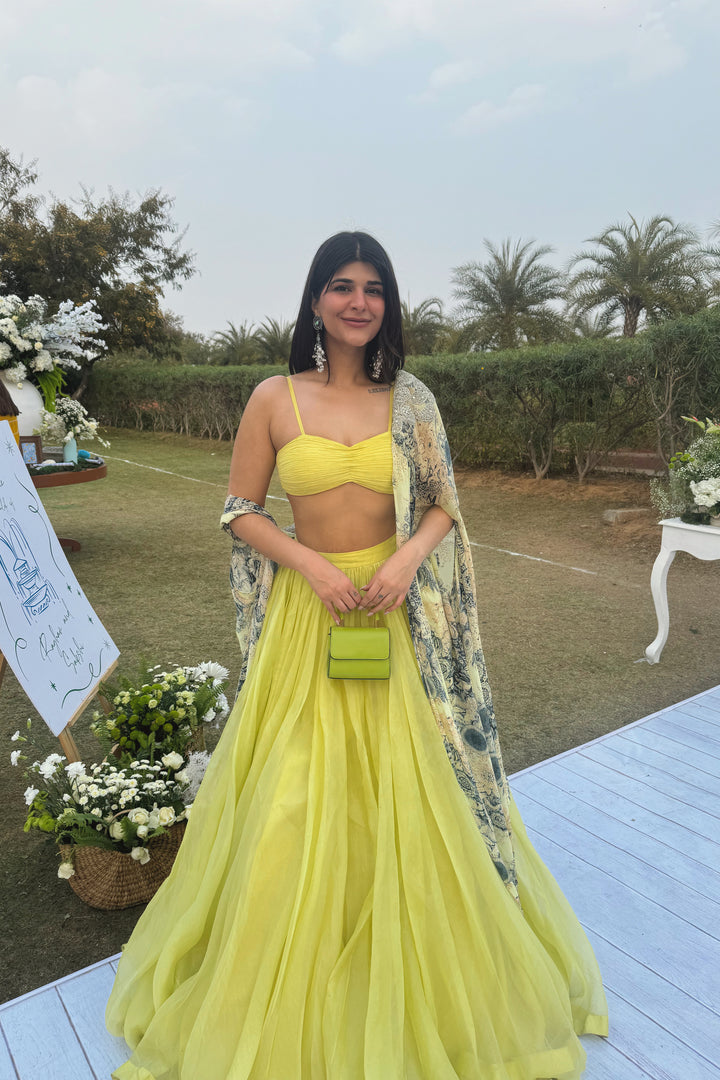 Deeksha Khurana in our Mint Green Skirt & Blossom Cape Set