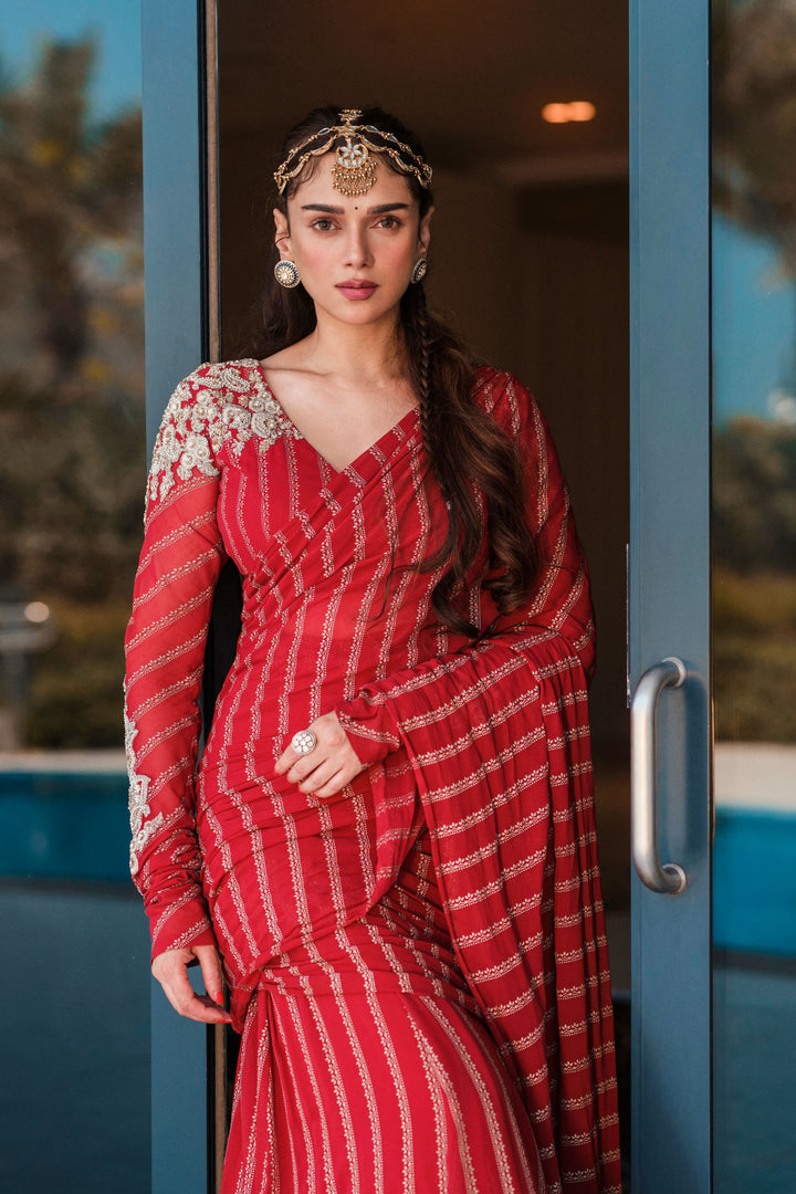 Aditi Rao Hydari in our Red Nurekha Pleated Pre-Stitched Saree
