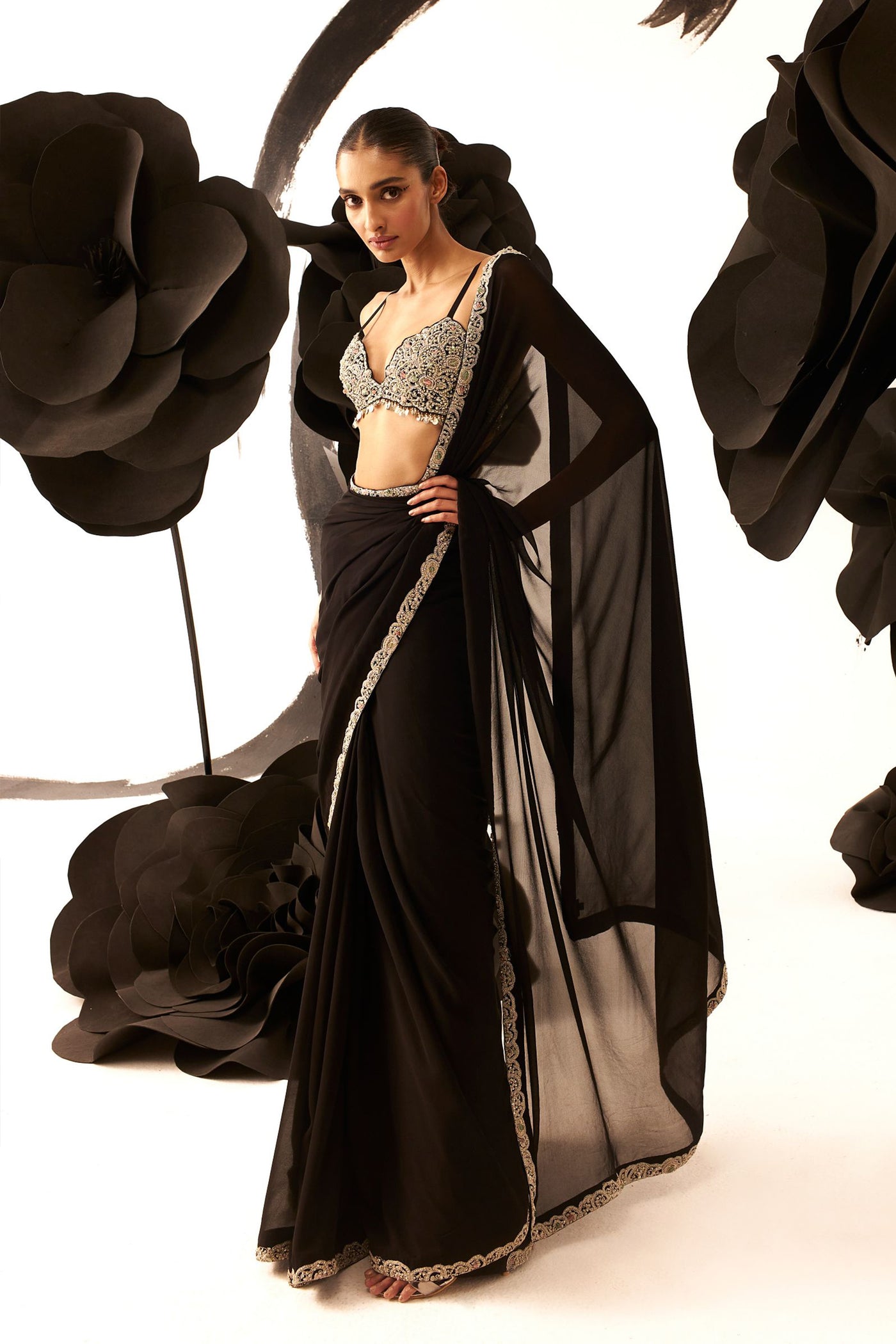Black 6 Yard Embroidered Saree
