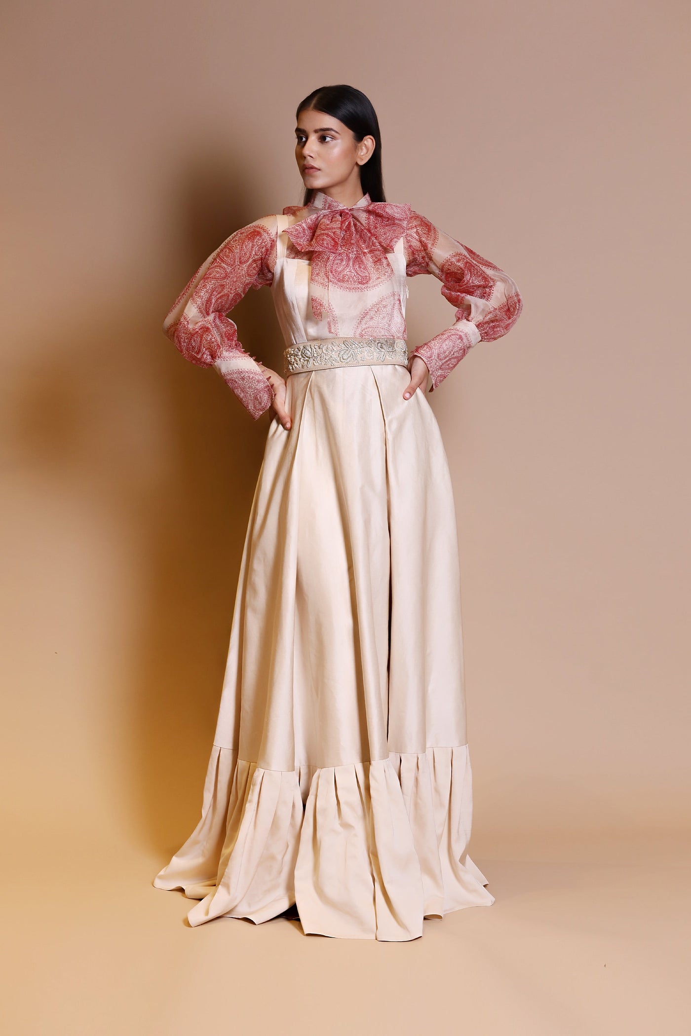 An Ivory Long Dress With A Printed Front Bow Sheer Blouse & Embellished Leather Belt - BHUMIKA SHARMA
