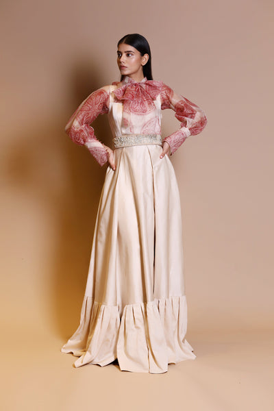 An Ivory Long Dress With A Printed Front Bow Sheer Blouse & Embellished Leather Belt - BHUMIKA SHARMA