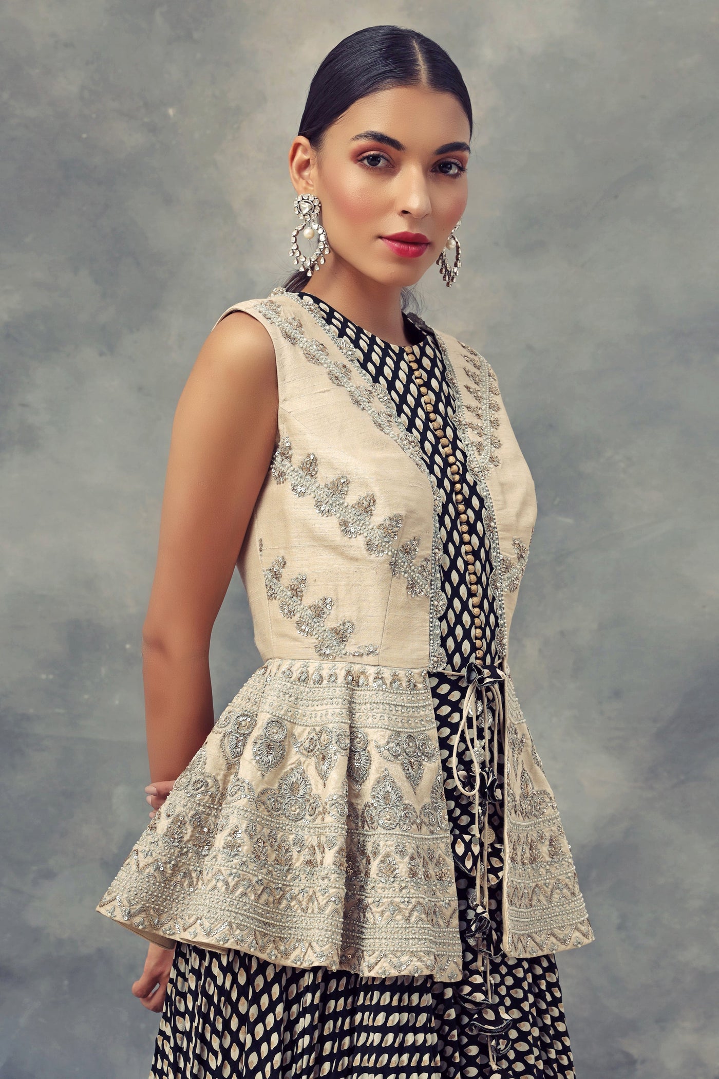 Ivory Embroidered Jacket With A Black Bindu Print Anarkali - BHUMIKA SHARMA