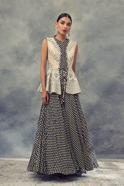 Ivory Embroidered Jacket With A Black Bindu Print Anarkali - BHUMIKA SHARMA