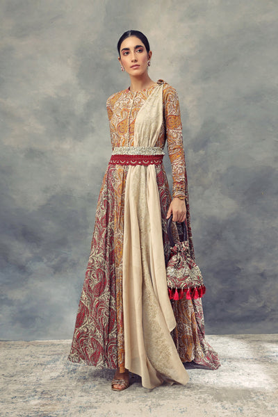 Ambi Jaal Print Anarkali With Embroidered Dupatta & Belt - BHUMIKA SHARMA
