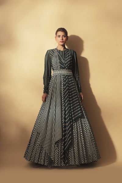 Teal Green Nukta-Bindu Print Draped Anarkali