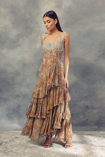 Ambi Jaal Print Rufflle Dress With Embroidered Yoke - BHUMIKA SHARMA