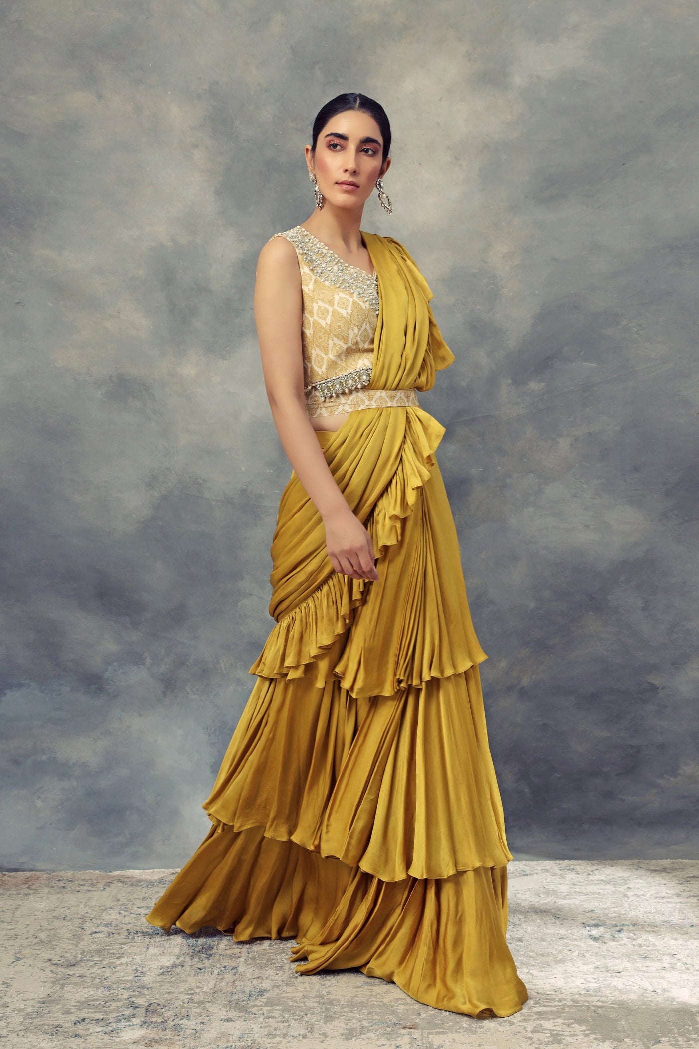 Mustard Yellow Layered Saree With Moroccan Print Embroidered Blouse - BHUMIKA SHARMA
