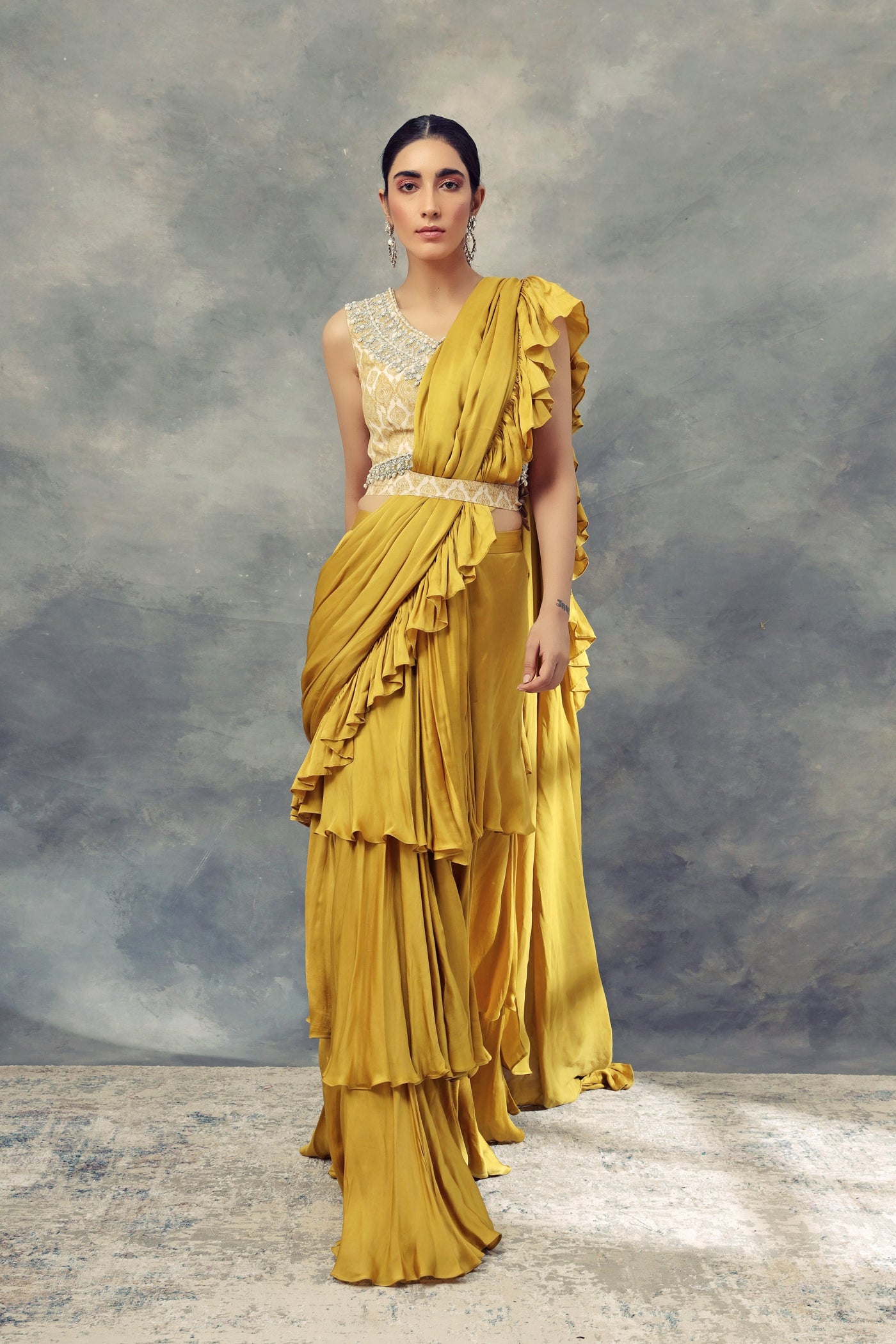Mustard Yellow Layered Saree With Moroccan Print Embroidered Blouse - BHUMIKA SHARMA