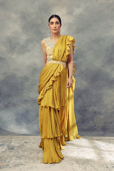 Mustard Yellow Layered Saree With Moroccan Print Embroidered Blouse - BHUMIKA SHARMA