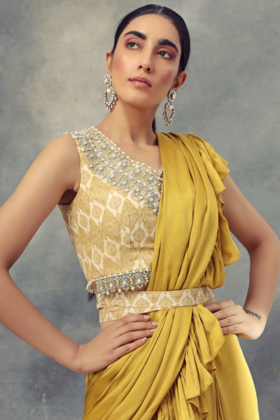 Mustard Yellow Layered Saree With Moroccan Print Embroidered Blouse - BHUMIKA SHARMA