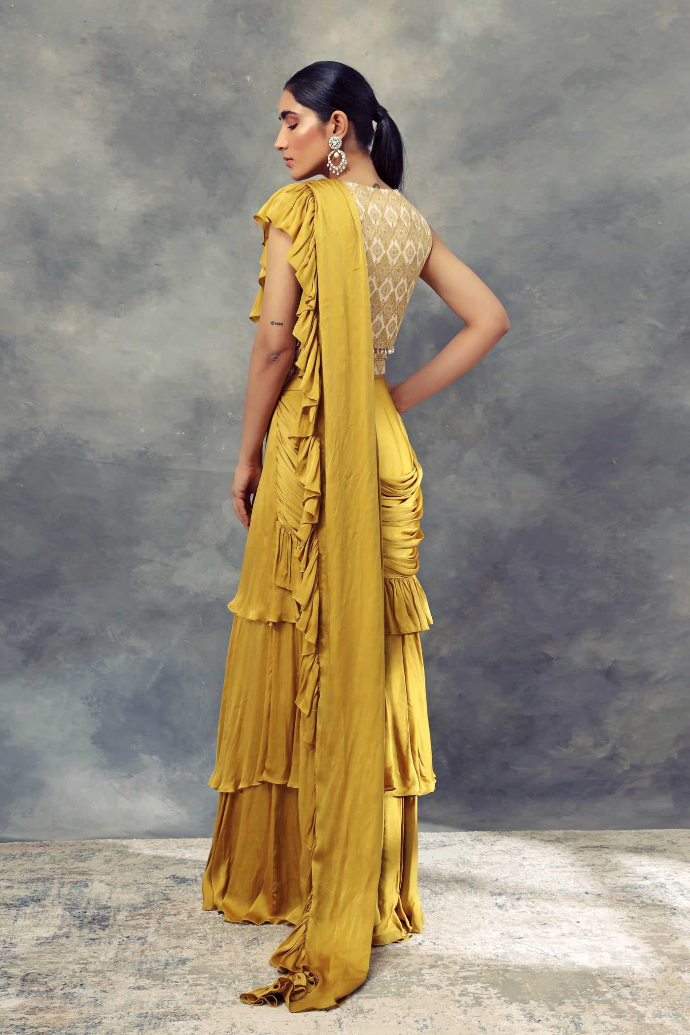 Mustard Yellow Layered Saree With Moroccan Print Embroidered Blouse - BHUMIKA SHARMA
