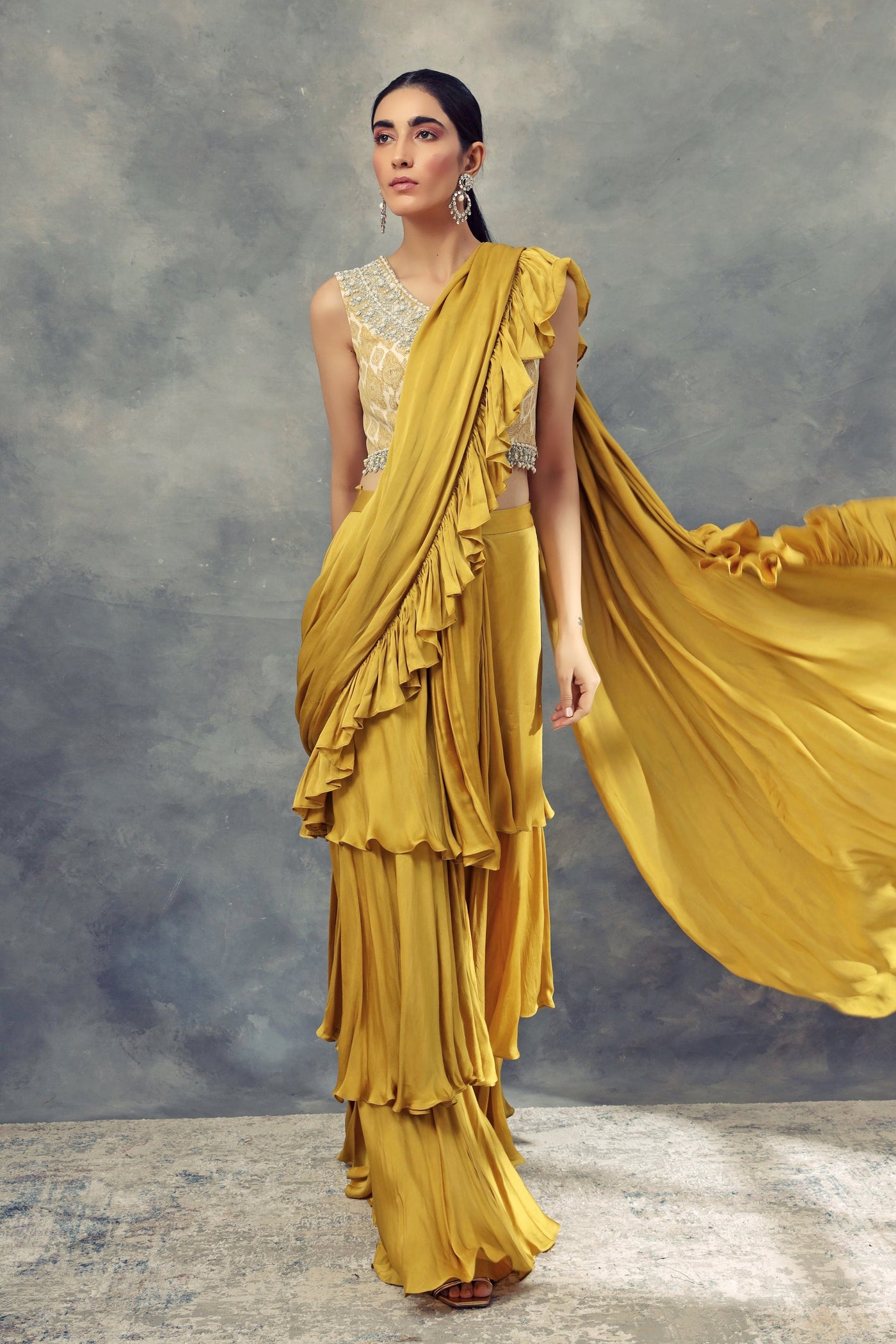 Mustard Yellow Layered Saree With Moroccan Print Embroidered Blouse - BHUMIKA SHARMA