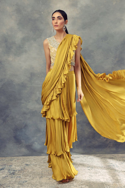 Mustard Yellow Layered Saree With Moroccan Print Embroidered Blouse - BHUMIKA SHARMA
