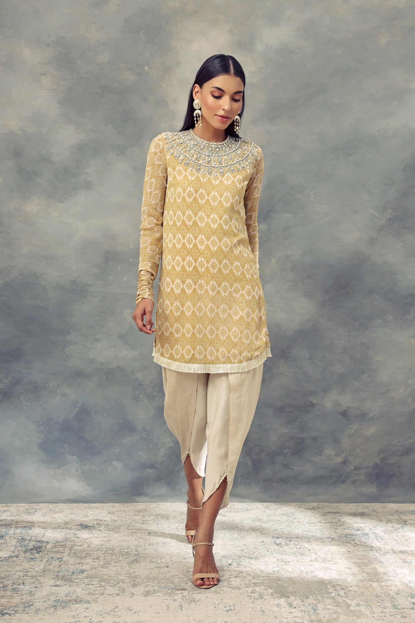 Mustard Yellow Printed Kurta With Embroidered Neckline Paired With Dhoti Pants - BHUMIKA SHARMA