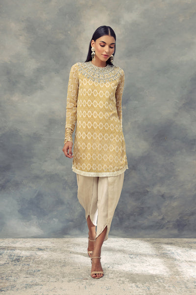 Mustard Yellow Printed Kurta With Embroidered Neckline Paired With Dhoti Pants - BHUMIKA SHARMA