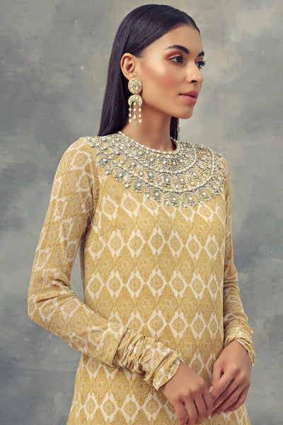 Mustard Yellow Printed Kurta With Embroidered Neckline Paired With Dhoti Pants - BHUMIKA SHARMA