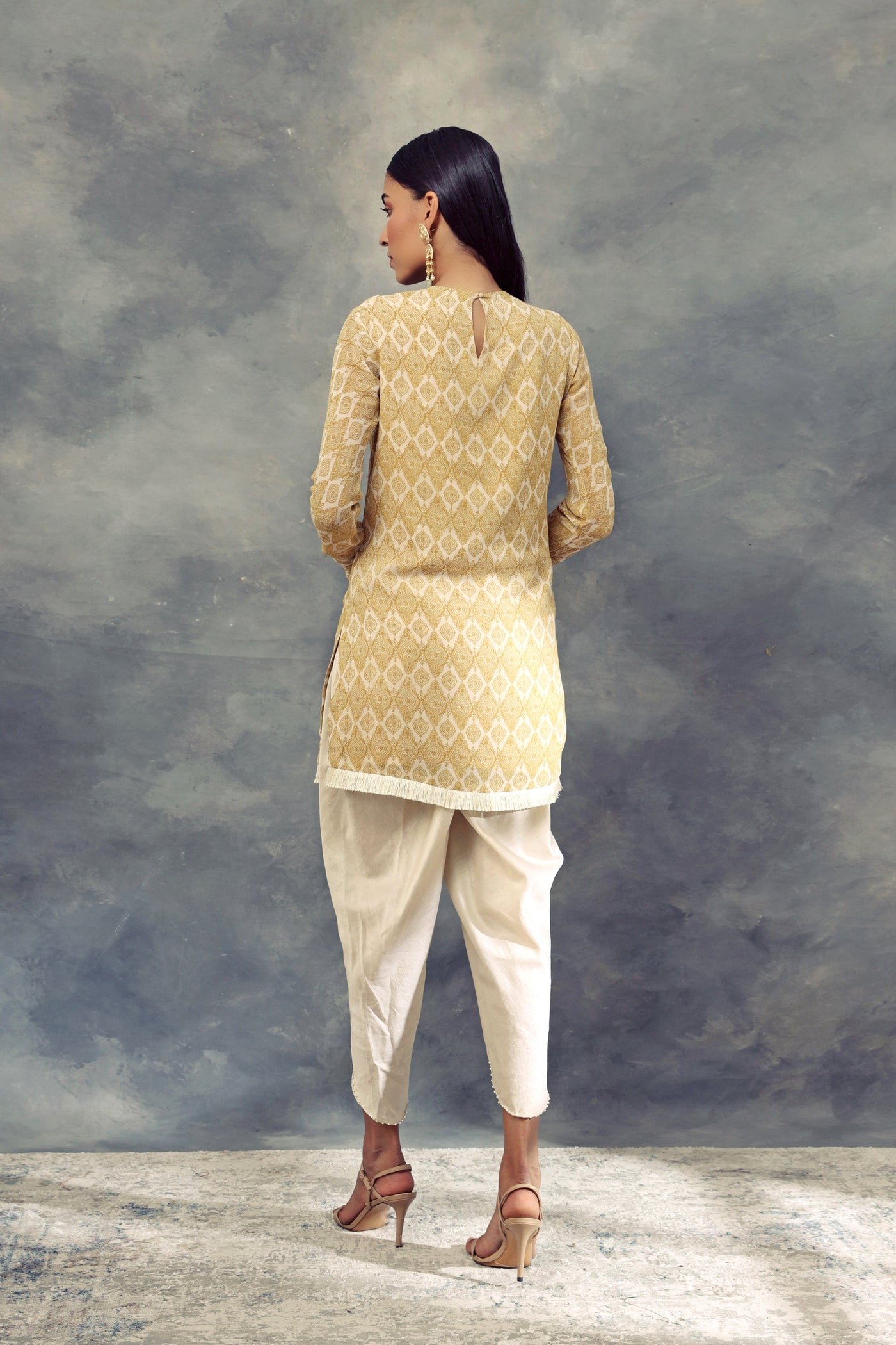 Mustard Yellow Printed Kurta With Embroidered Neckline Paired With Dhoti Pants - BHUMIKA SHARMA