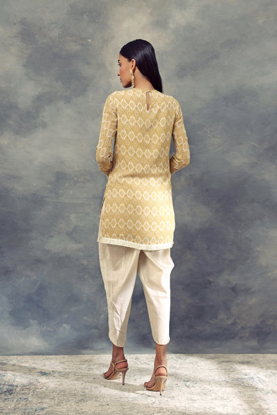 Mustard Yellow Printed Kurta With Embroidered Neckline Paired With Dhoti Pants - BHUMIKA SHARMA