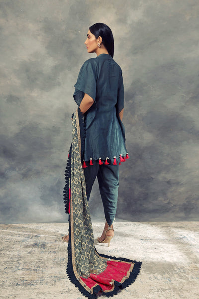 Dark Green Pleated Kaftan Kurta With Dhoti Pants & Printed Odhni - BHUMIKA SHARMA