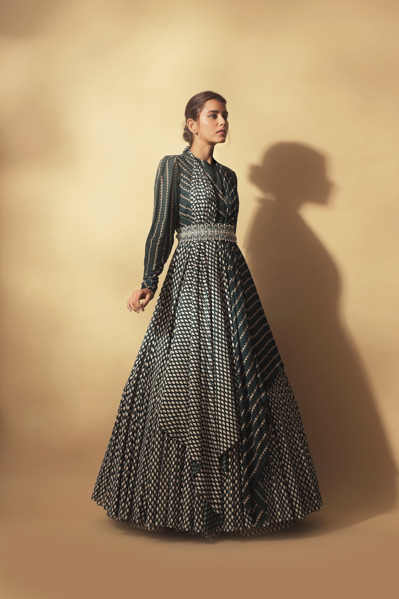 Teal Green Nukta-Bindu Print Draped Anarkali