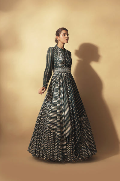 Teal Green Nukta-Bindu Print Draped Anarkali