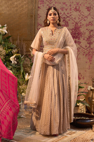 Beige Mogra Print Belted Anarkali