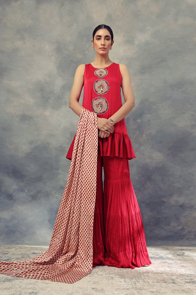 Ruby Red Frill Kurta & Sharara Set - BHUMIKA SHARMA