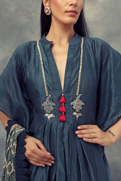 Dark Green Pleated Kaftan Kurta With Dhoti Pants & Printed Odhni - BHUMIKA SHARMA