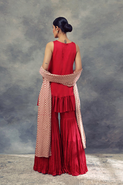 Ruby Red Frill Kurta & Sharara Set - BHUMIKA SHARMA