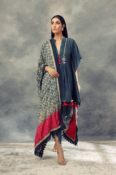 Dark Green Pleated Kaftan Kurta With Dhoti Pants & Printed Odhni - BHUMIKA SHARMA