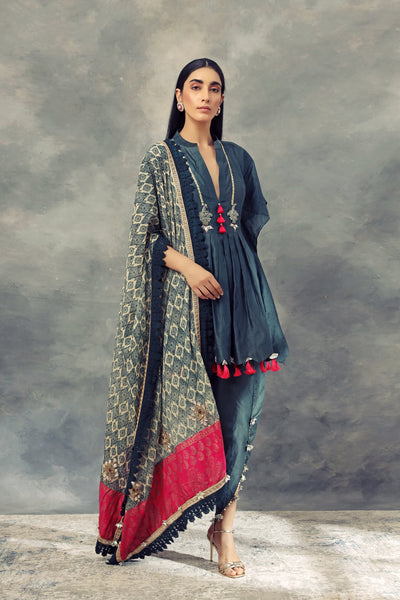 Dark Green Pleated Kaftan Kurta With Dhoti Pants & Printed Odhni - BHUMIKA SHARMA