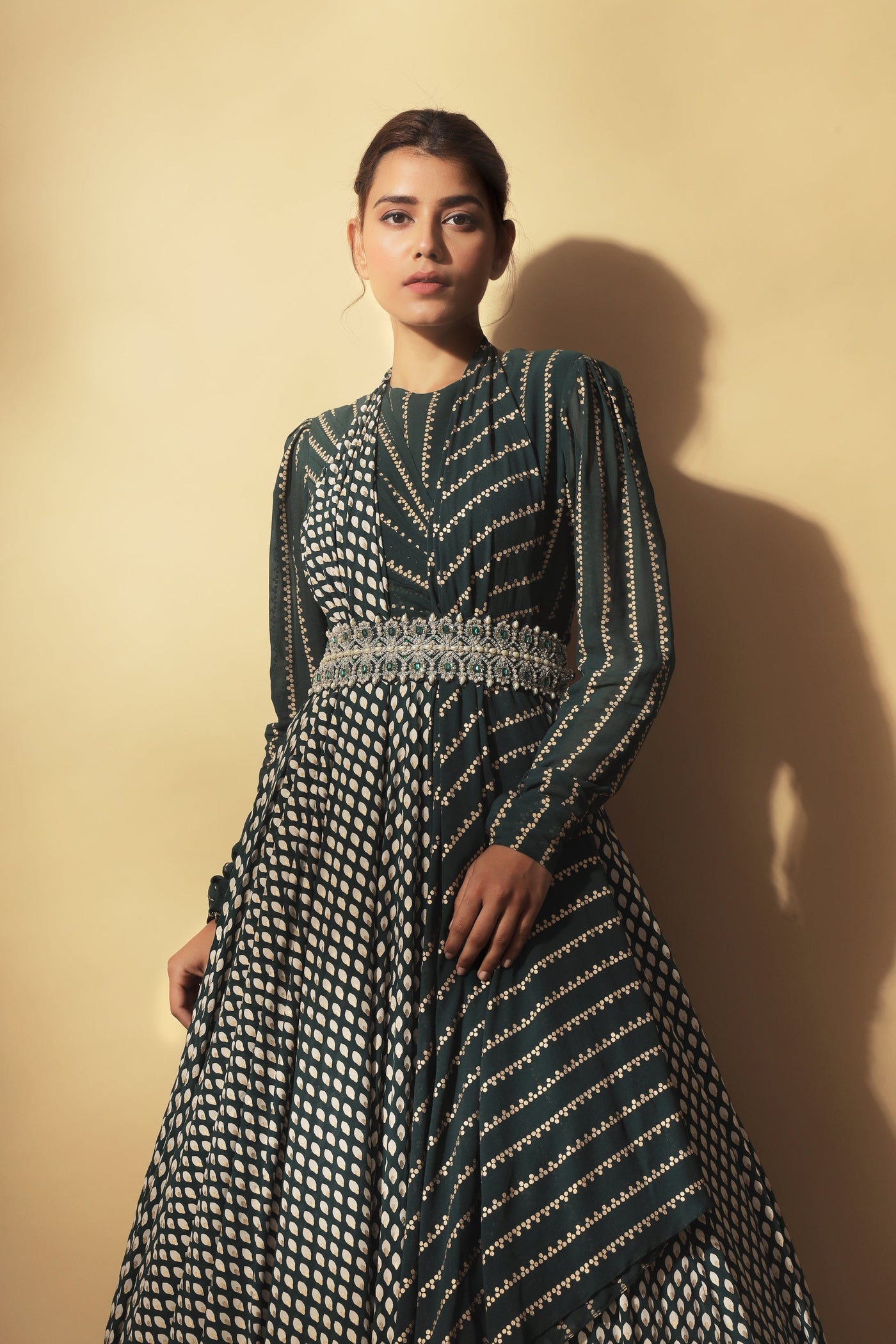 Teal Green Nukta-Bindu Print Draped Anarkali