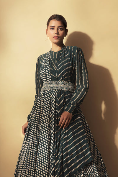 Teal Green Nukta-Bindu Print Draped Anarkali