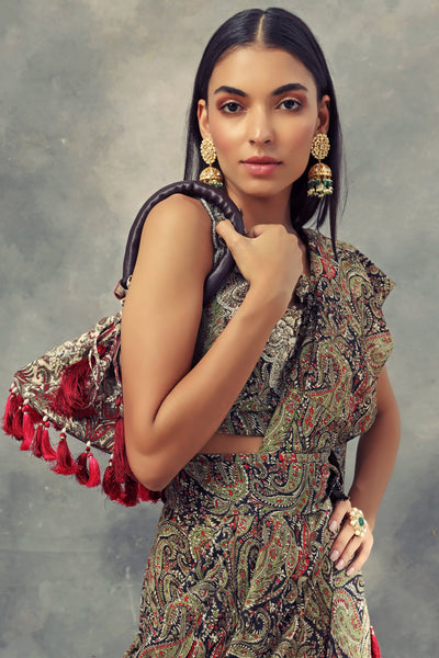 Ambi Jaal Print Pleated Saree, Blouse & Belt - BHUMIKA SHARMA