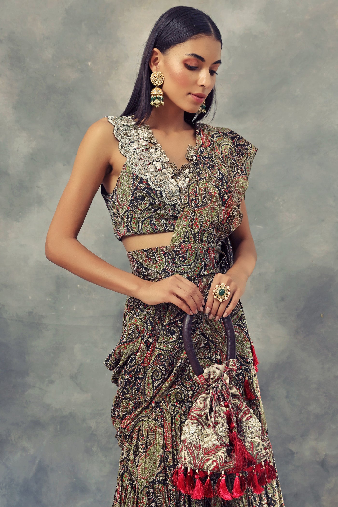 Ambi Jaal Print Pleated Saree, Blouse & Belt - BHUMIKA SHARMA