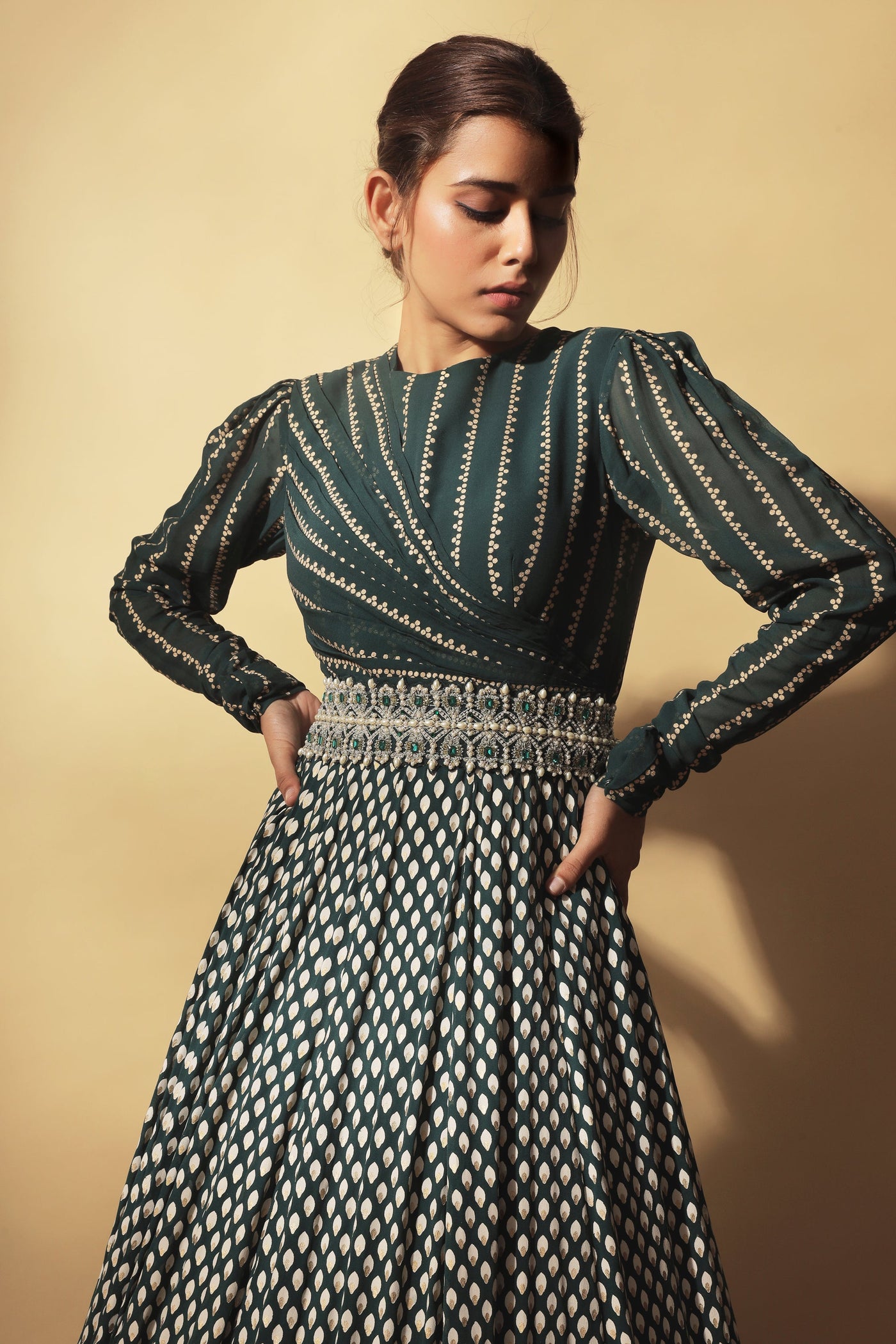 Teal Green Nukta-Bindu Print Draped Anarkali
