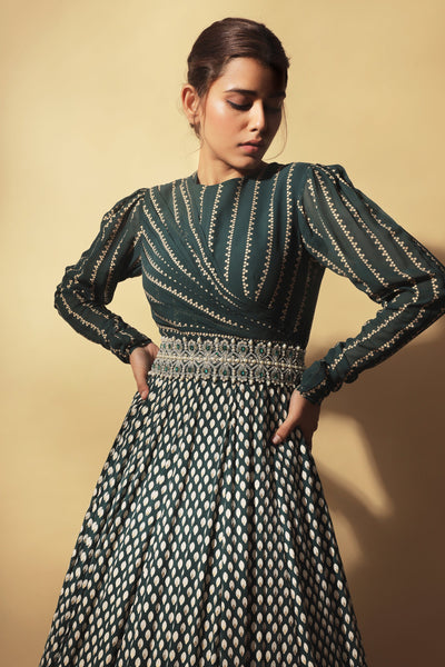 Teal Green Nukta-Bindu Print Draped Anarkali