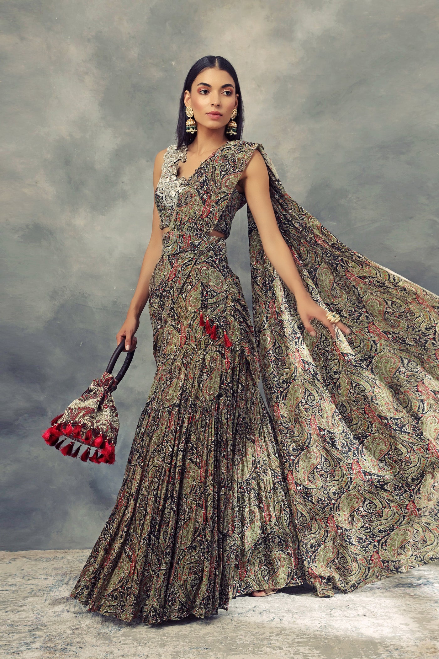 Ambi Jaal Print Pleated Saree, Blouse & Belt - BHUMIKA SHARMA