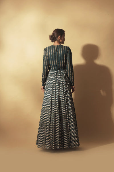 Teal Green Nukta-Bindu Print Draped Anarkali