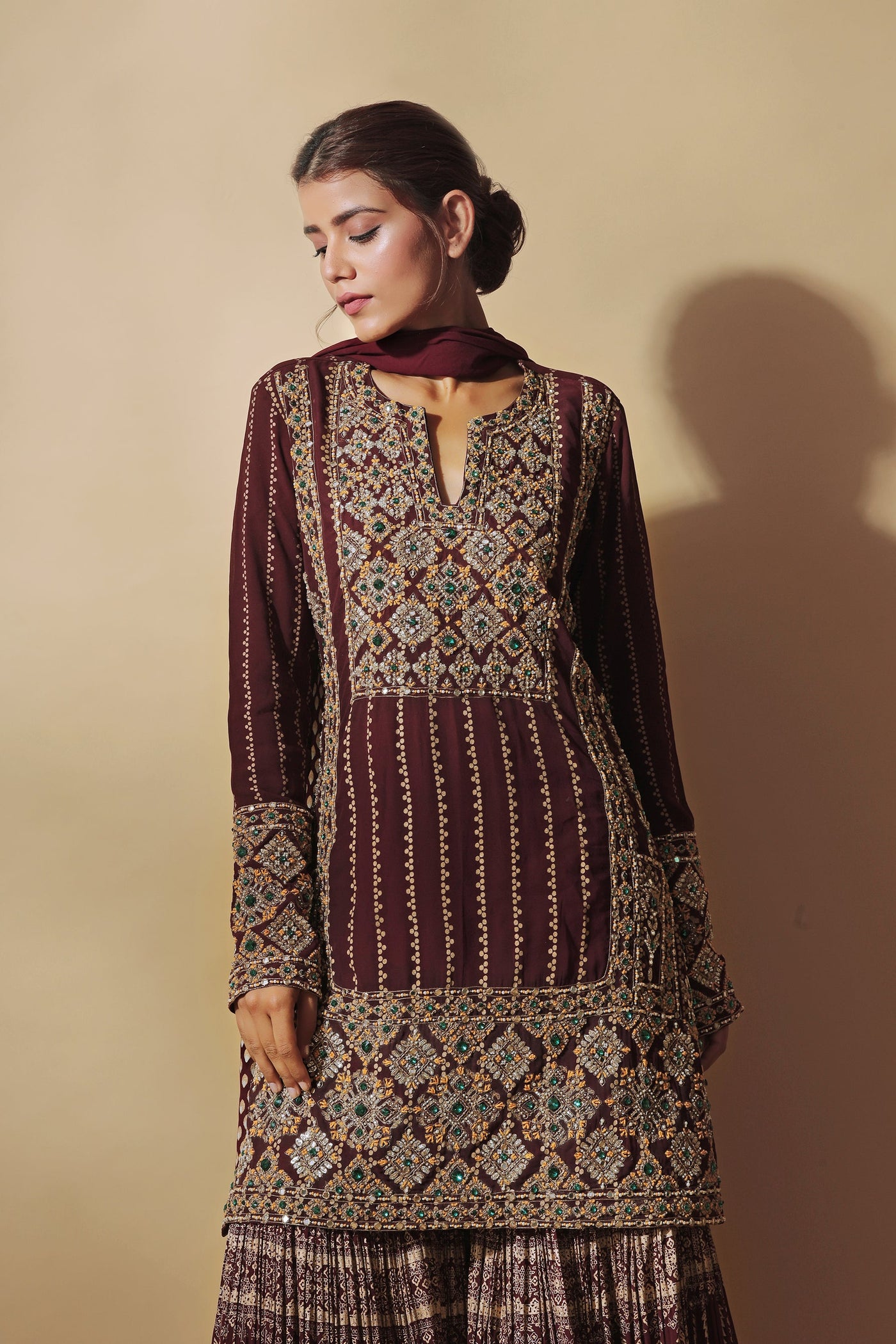 Burgundy Kurta & Persian Print Sharara Set