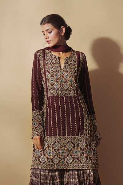 Burgundy Kurta & Persian Print Sharara Set